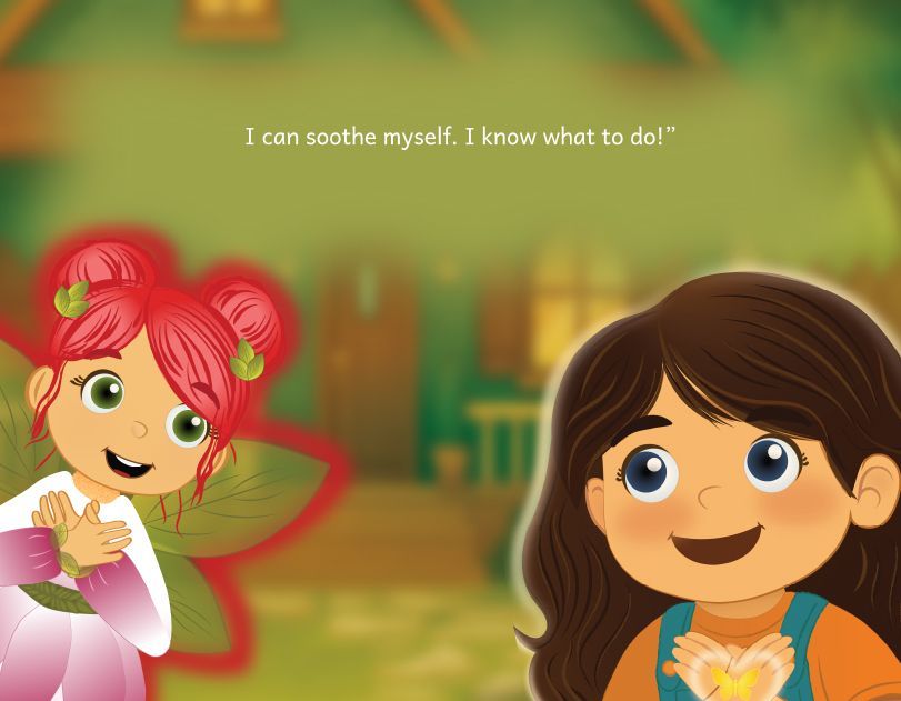 Illustration of Myla holding a glowing butterfly to her chest as she confidently says she can soothe herself, with Aditha the Root Energy Fairy smiling supportively beside her outside a warm, cozy house. This moment reflects the story’s calming MSEL framework. From the story Myla Learns Wings Over My Heart by Angela Thibault, Satori Kid Club.