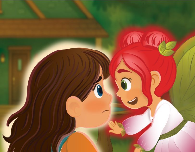 Illustration of Myla meeting Aditha, the Root Energy Fairy, for the first time outside a cozy wooden house surrounded by greenery. Aditha’s leaf wings and gentle expression introduce the story’s calming MSEL framework. From Myla Learns Wings Over My Heart by Angela Thibault, Satori Kid Club.
