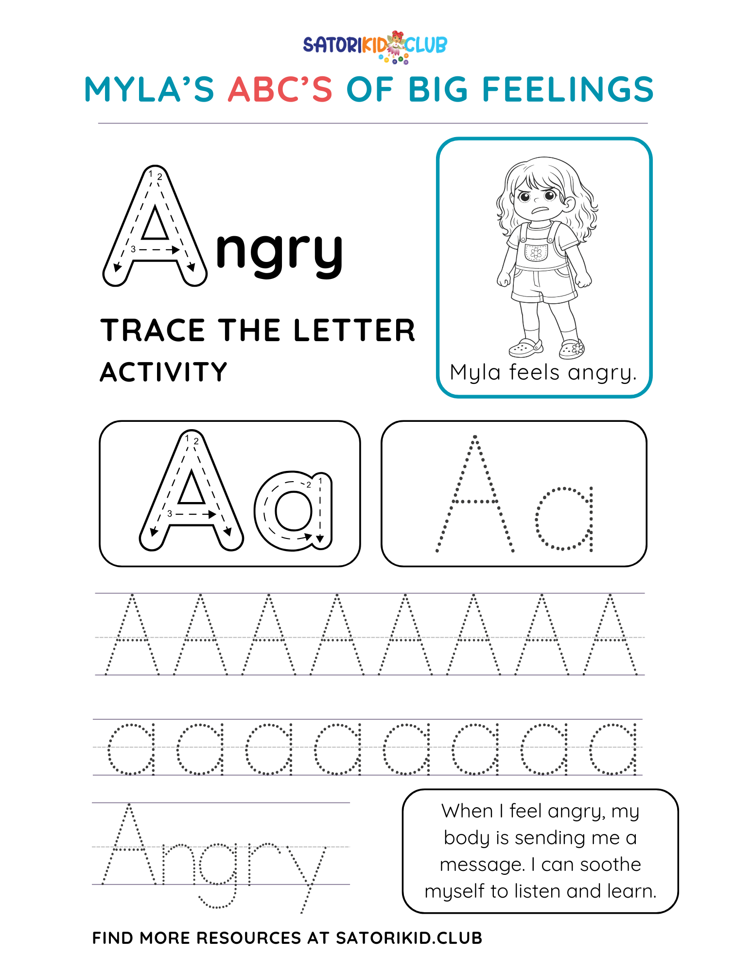 A Is for Angry- Myla Feels Angry - trace the Letter. Myla with wavy hair wearing overalls, frowning.