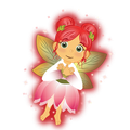 Aditha the Energy Fairy with red hair and a pink flower dress, glowing with red light. She has hands clasped and is smiling.