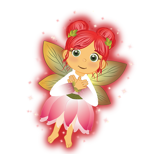 Aditha the Root Energy Fairy with red hair in a pink petal dress, hands clasped, surrounded by red glow.