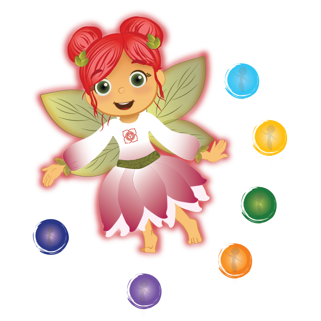 Satori Kid Club's Aditha the Energy Fairy with red hair and flower skirt, surrounded by six of her colorful Energy Friends.