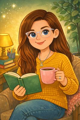 Woman with glasses, reading a book, holding a pink mug, sitting indoors.