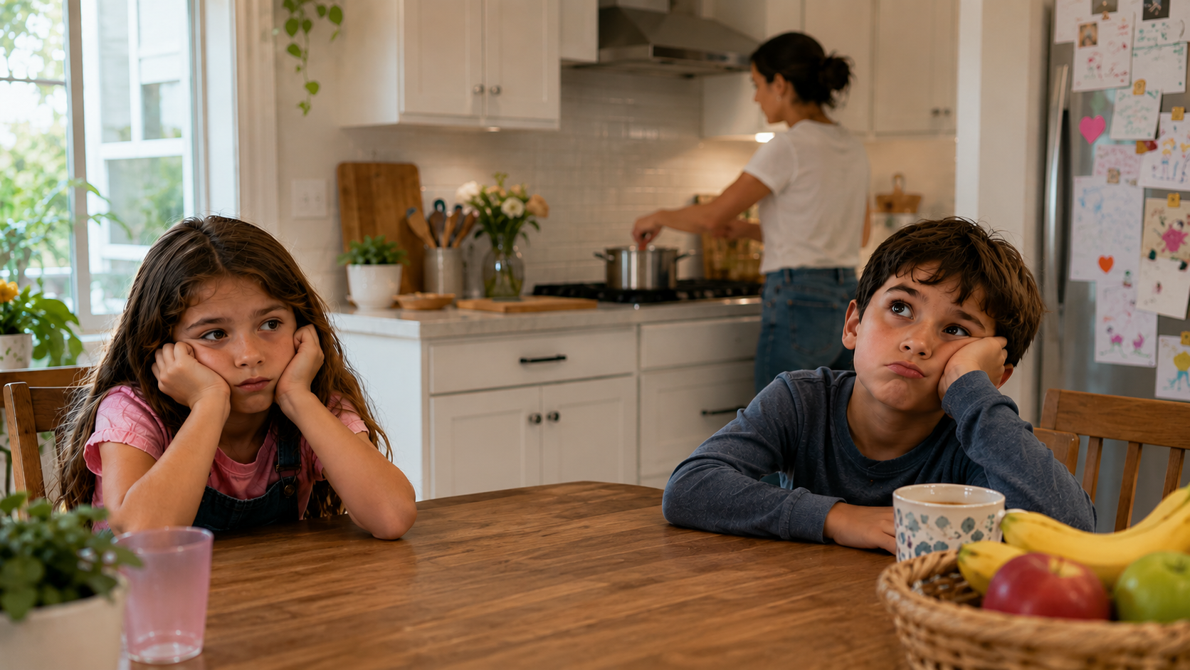 Two children sitting at a kitchen table bored while a busy adult cooks in the background. Satori Kid Club