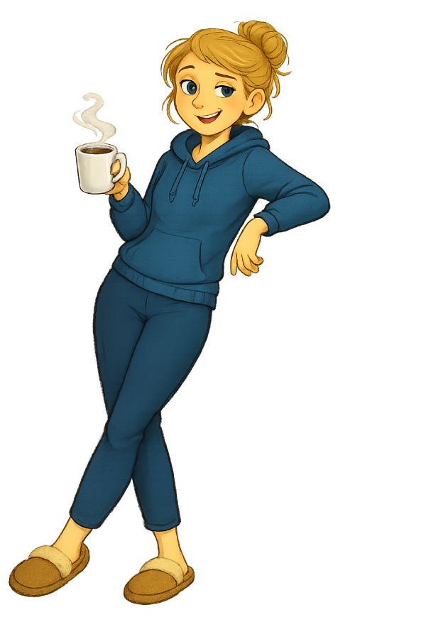 Cartoon mother, Holly in a blue hoodie and pants, smiling and holding a steaming mug. Satori Kid Club