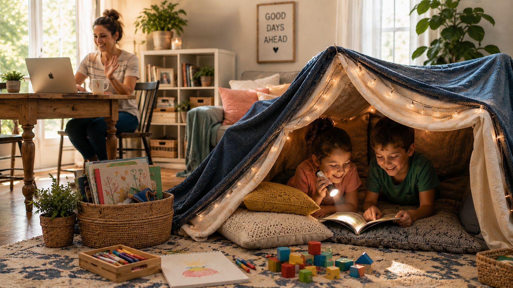 Children reading inside a blanket fort in a cozy living room while an adult works at a desk nearby -Satori Kid Club