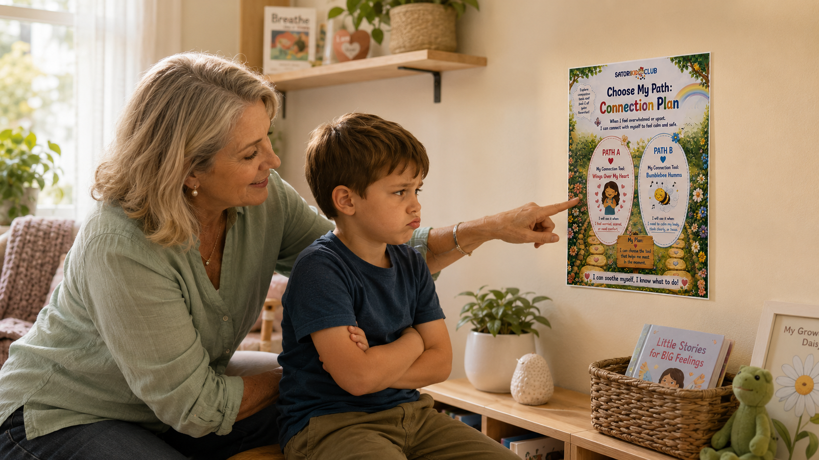 Woman and child viewing a colorful “Satori Kid Club Choose My Path : Connection Plan” conservation plan poster in a bright play room.