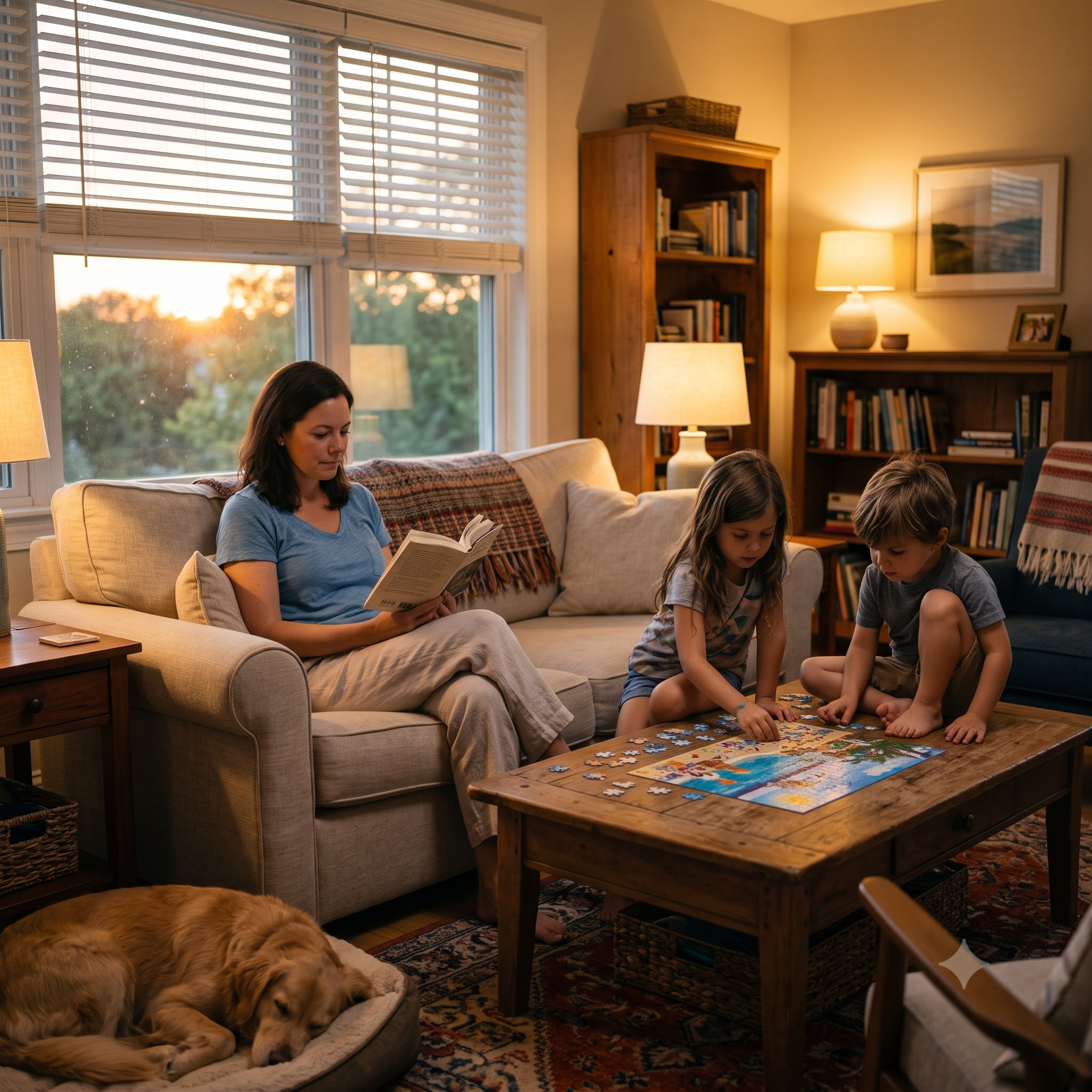 Woman on sofa watching two children do a puzzle at a living room coffee table, with a sleeping dog nearby.