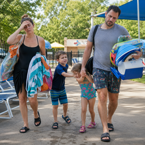 Family carrying beach gear and towels while walking outdoors under blue canopies.