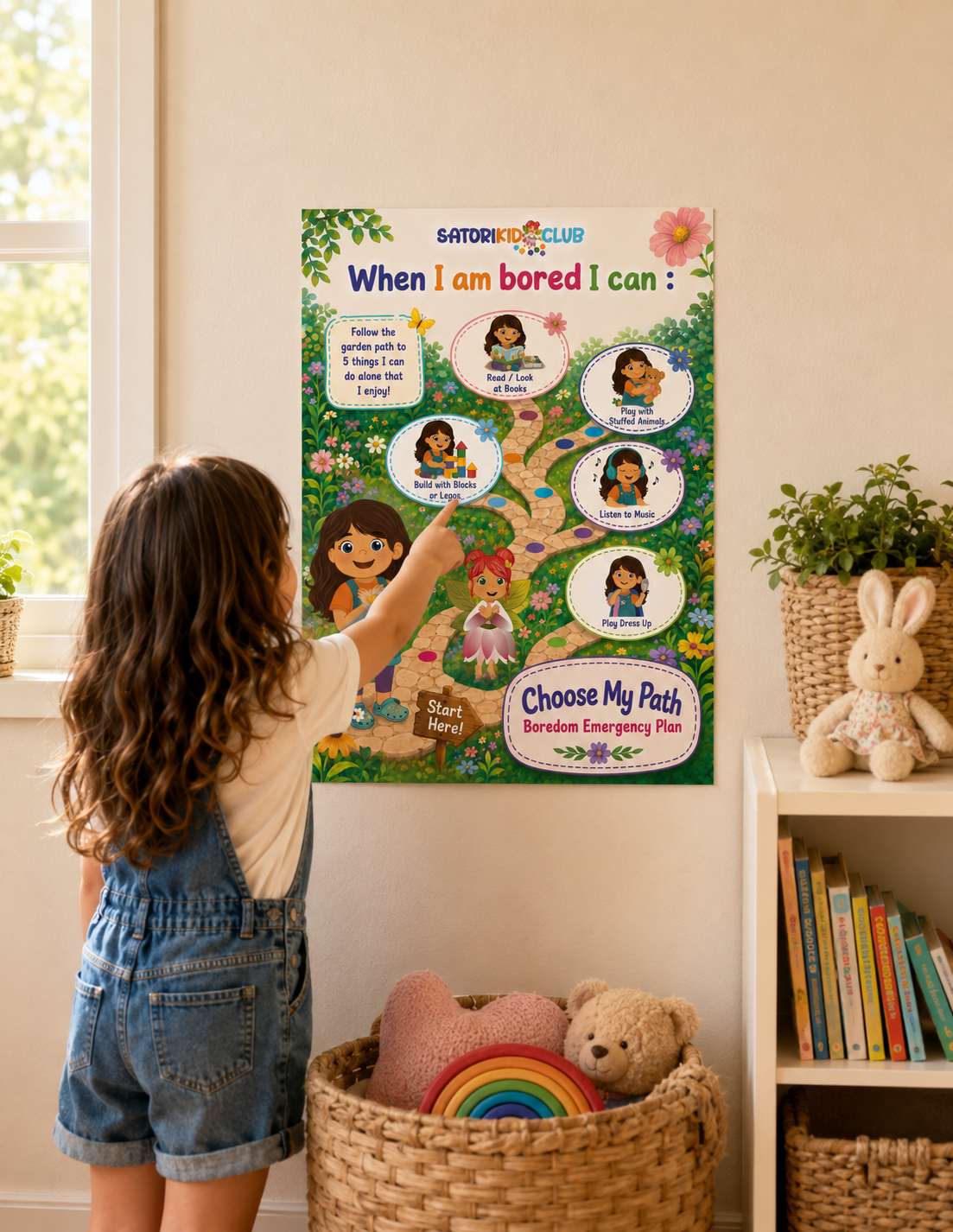 Child points at colorful Chose My Path - Boredom Emergency Plan poster in a cozy playroom with shelves, books, and stuffed animals. From Satori Kid Club