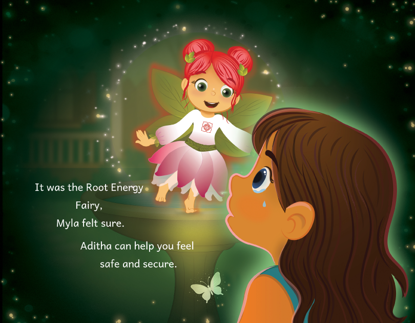 Myla gazing at a glowing Aditha the Energy fairy. Text: Root Energy Fairy can help her feel safe and secure. - Myla Learns Wings Over My Heart : Satori Kid Club