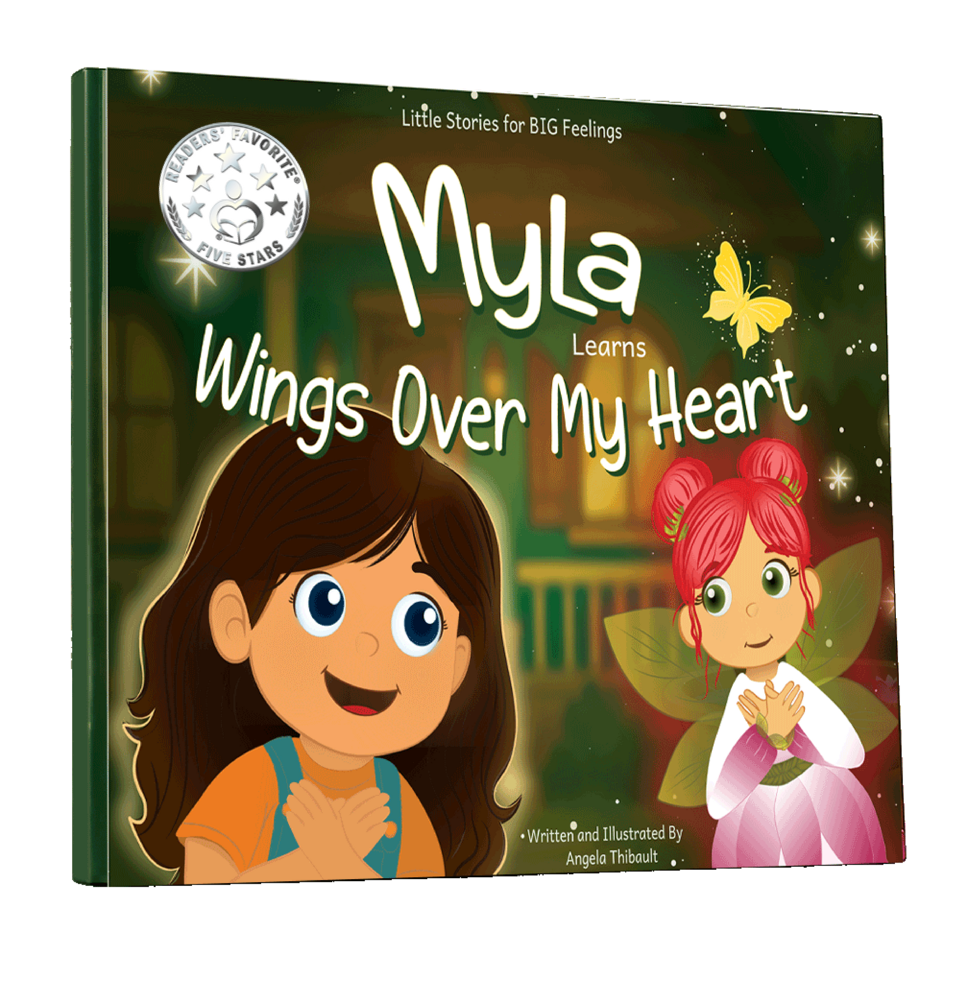 Book cover: girl and fairy illustration, title 