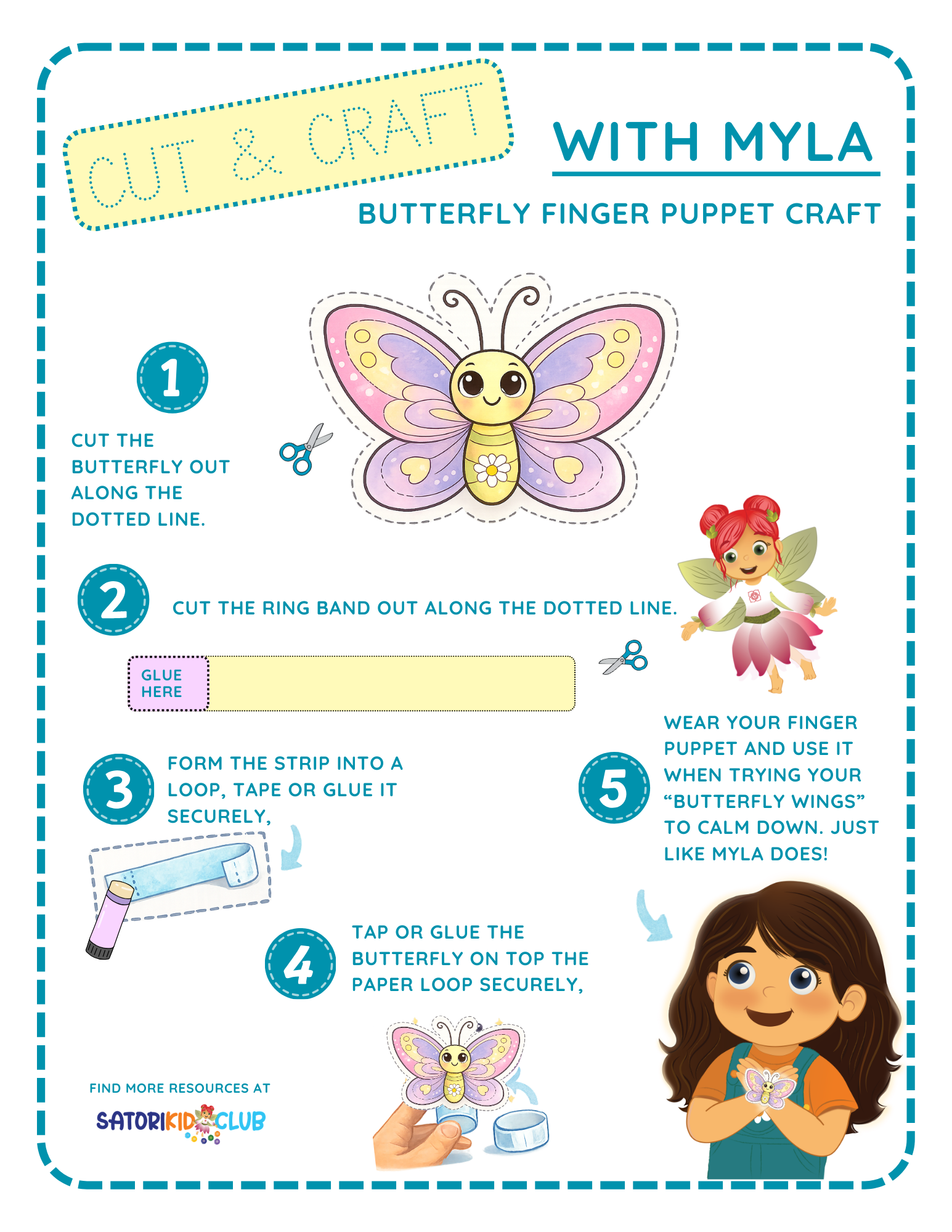 Cut and craft instructions for a butterfly finger puppet. Illustrated steps with Myla from Satori Kid Club.