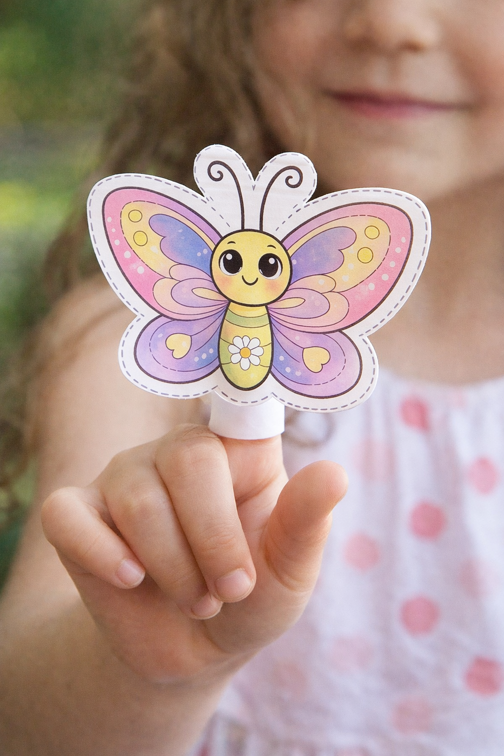 A child holds up a whimsical butterfly finger puppet with pastel-colored wings and a flower detail on its belly from Satori Kid Club.