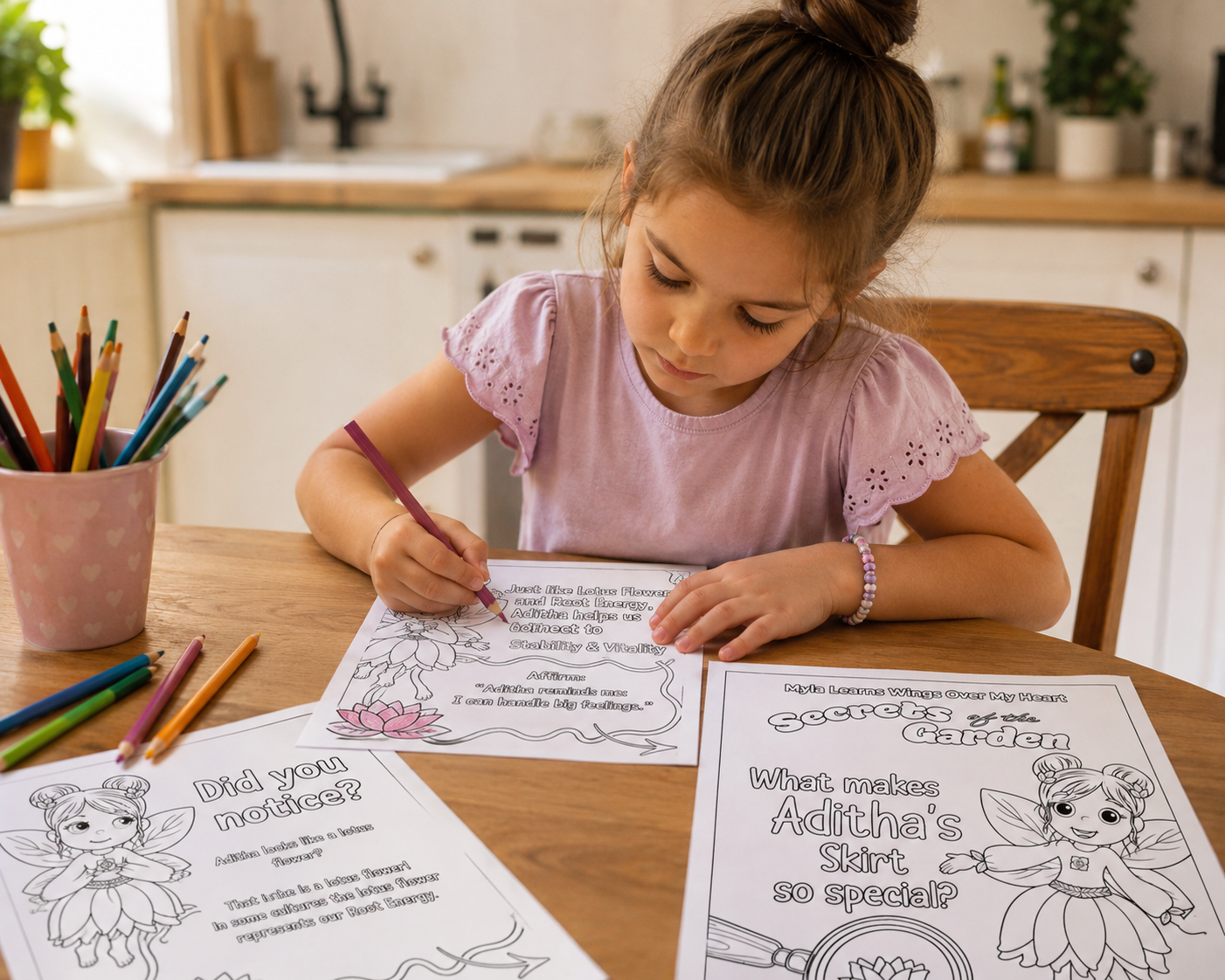 Child writing at a table with pencils and worksheets in a bright room