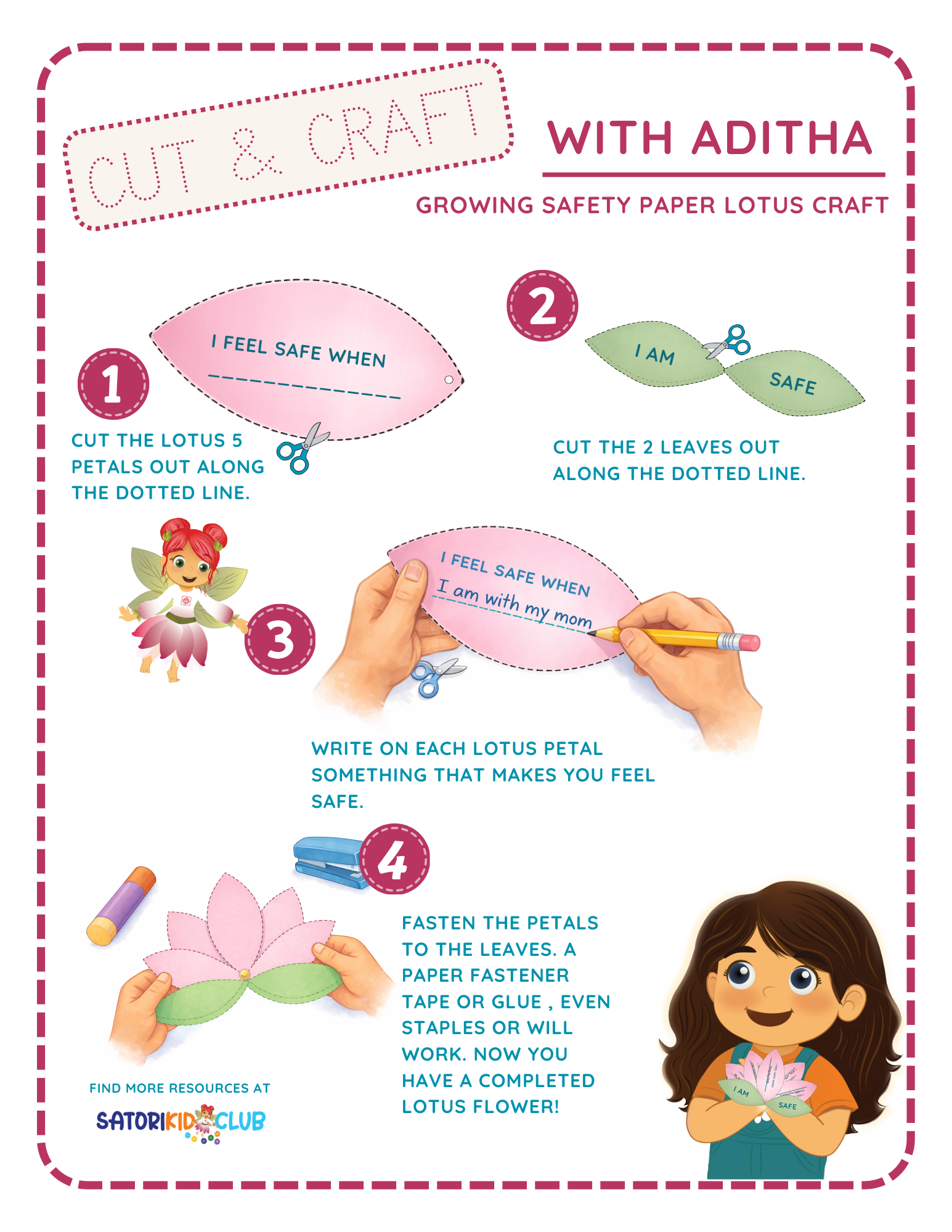 Cut and Craft guide with steps to make a paper lotus flower with a girl illustration.