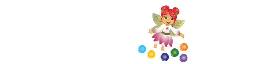 The Satori Kid Club Logo in colors Purple Orange and Blue Showing the Energy Fairy Aditha and Her Friends