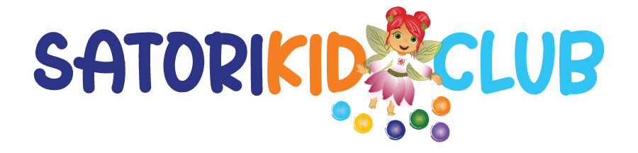 A colorful logo for a club called satori kid club