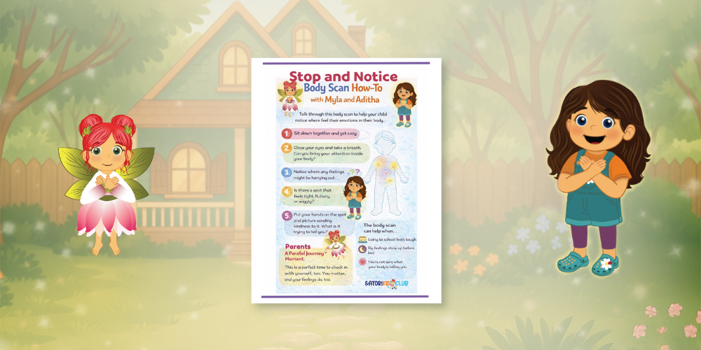 A butterfly-themed craft from Satori Kid Club tutorial with two butterfly stickers and Myla on a lawn. Based on the book Myla Learns Wings Over My Heart.