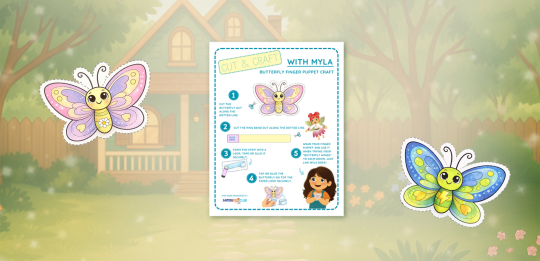 A butterfly-themed craft from Satori Kid Club tutorial with two butterfly stickers and Myla on a lawn. Based on the book Myla Learns Wings Over My Heart.