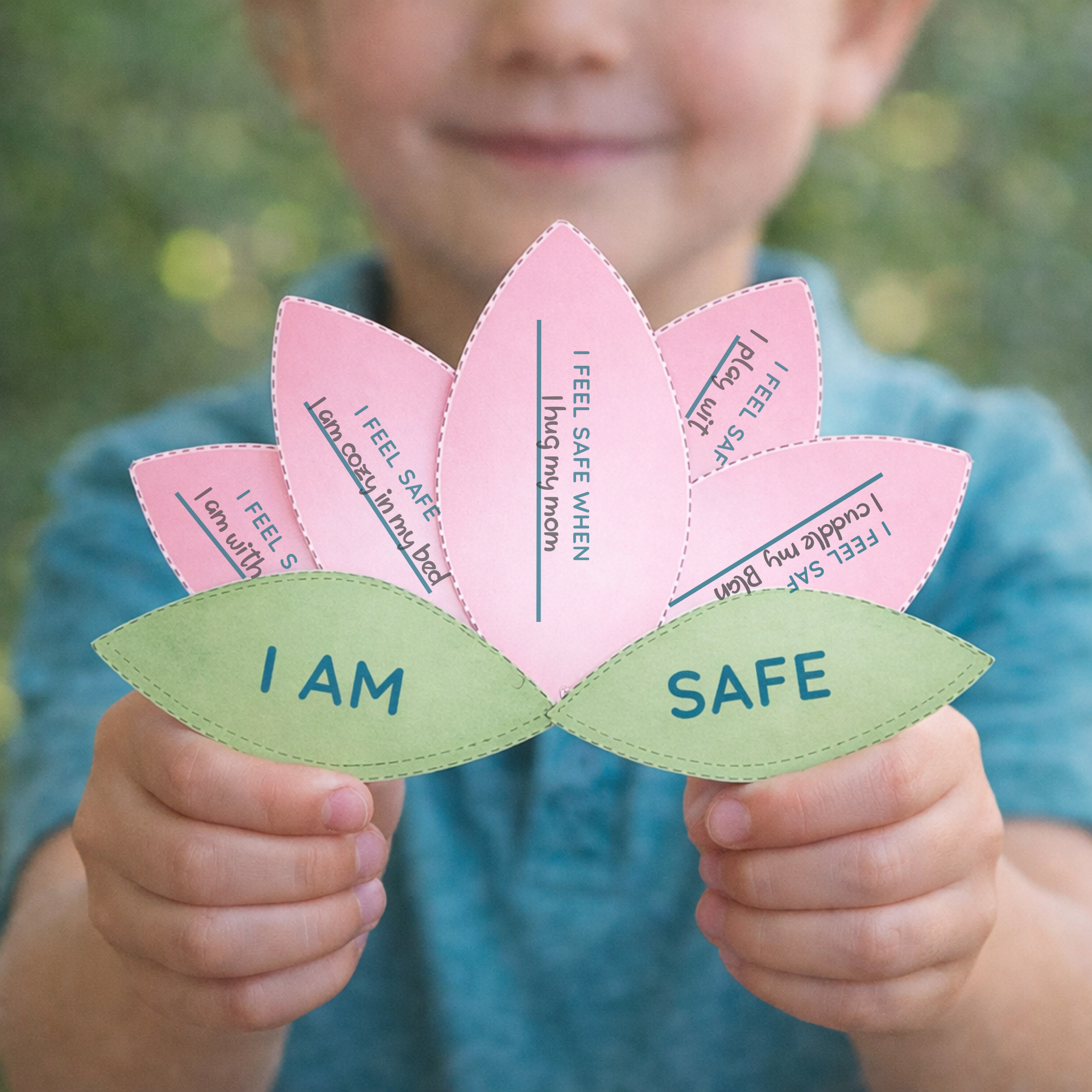 Young boy in a blue Shirt holding a pink lotus craft that says 
