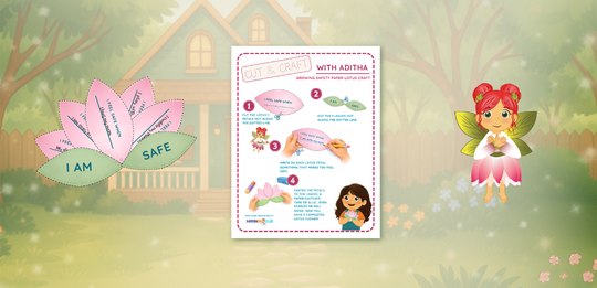 The Energy  fairy Aditha , lotus flower saying “I am safe”, and instructions for activities with Aditha. From Satori Kid Club