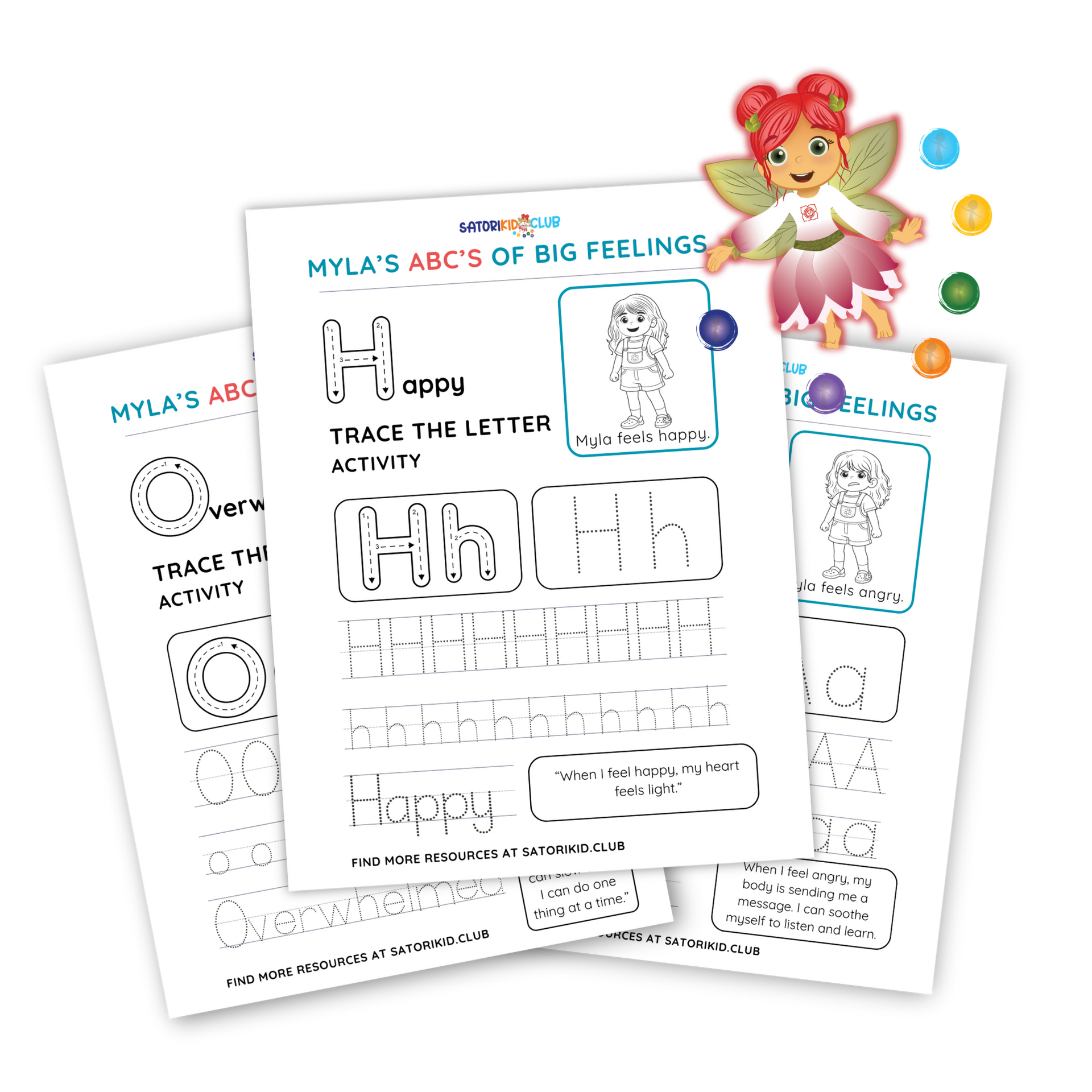 Coloring pages with the alphabet and words representing feelings, with Aditha the Energy fairy.