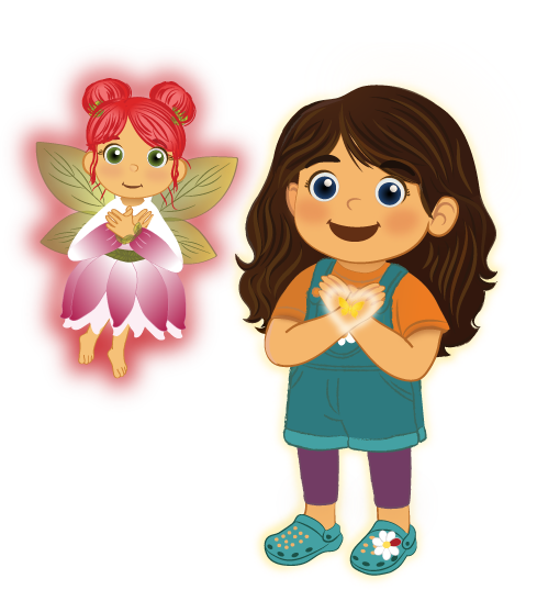 Satori Kid Club : Myla smiles, holding a glowing heart, with a fairy glowing beside her.