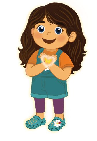 Myla a 6-year-old girl with brown hair and blue eyes, wearing orange shirt and green overalls, crossing arms.
