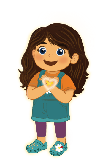 Myla holding a glowing heart. Wearing an orange shirt, teal overalls, purple leggings, and blue shoes.