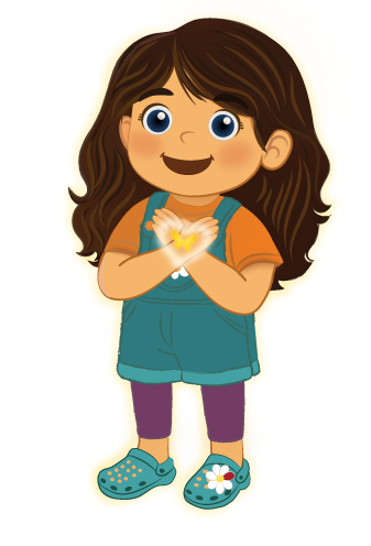 Myla holding a glowing heart. Wearing an orange shirt, teal overalls, purple leggings, and blue shoes.