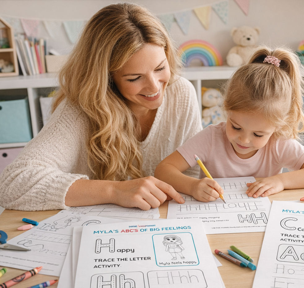 Woman and child doing Satori Kid Club -Myla Learns Wings Over My Heart Worksheets together at a table. Child is writing while the woman points.