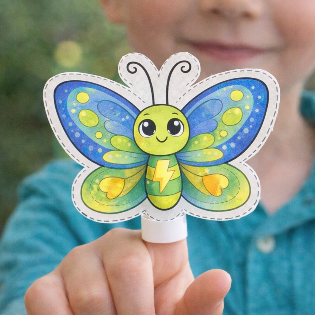 Child holding a colorful butterfly finger puppet craft from Satori Kid Club based on the Book Myla Learns Wings Over My Heart. 