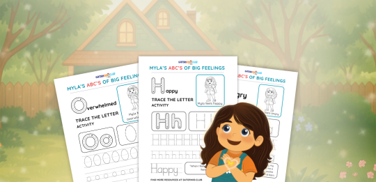 Girl holding worksheets in front of a house. Worksheets are alphabet tracing practice.