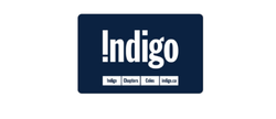 Indigo store logo, dark blue rectangle with white text: 