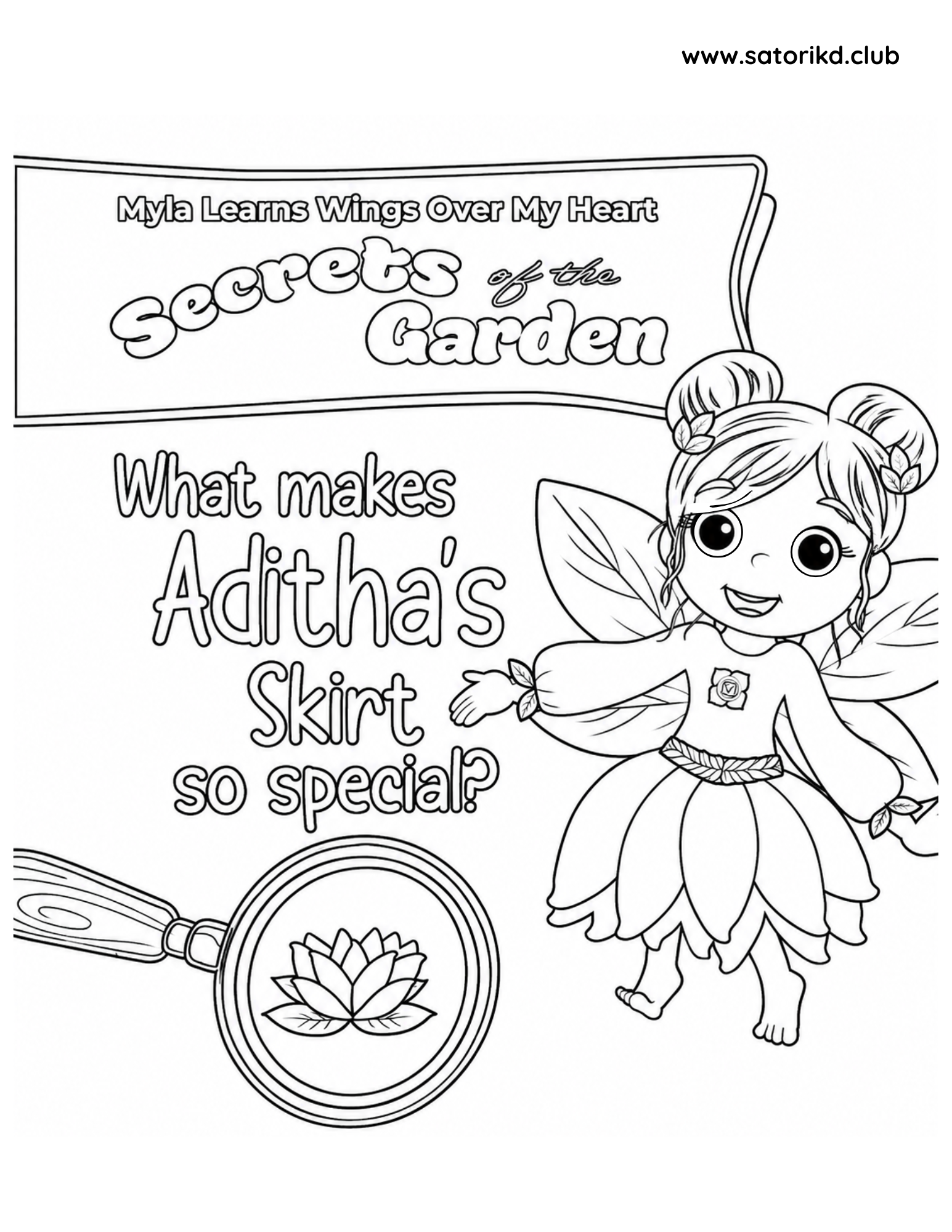 Coloring page cover for “Secrets of the Garden- Why is Aditha's skirt so Special?” featuring Aditha the fairy and a garden magnifying glass from Satori Kid Club.