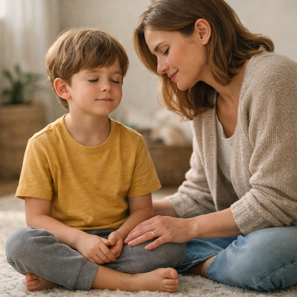 Adult and child sitting on a floor, leaning together in a calm, warm home setting- Satori Kid Club Blog