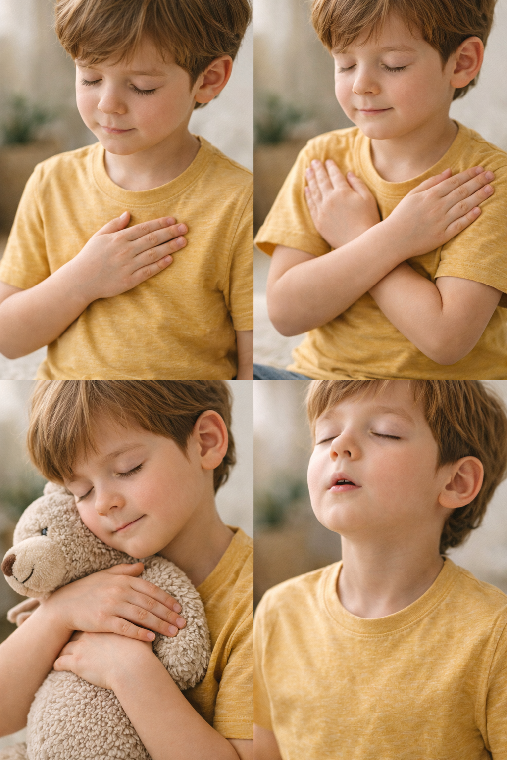 Collage of a child in a yellow shirt with hands over heart, eyes closed, in calm poses