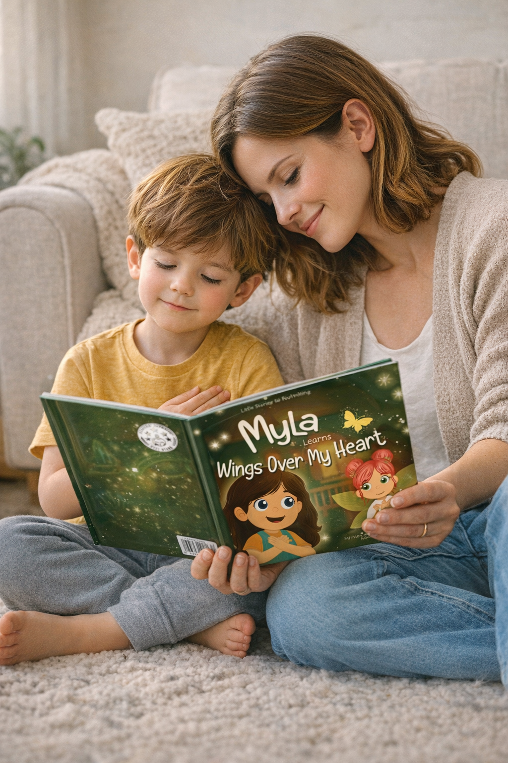 Woman and child reading a green book together on a couch, smiling in a cozy living room.-Satori Kid Club Blog