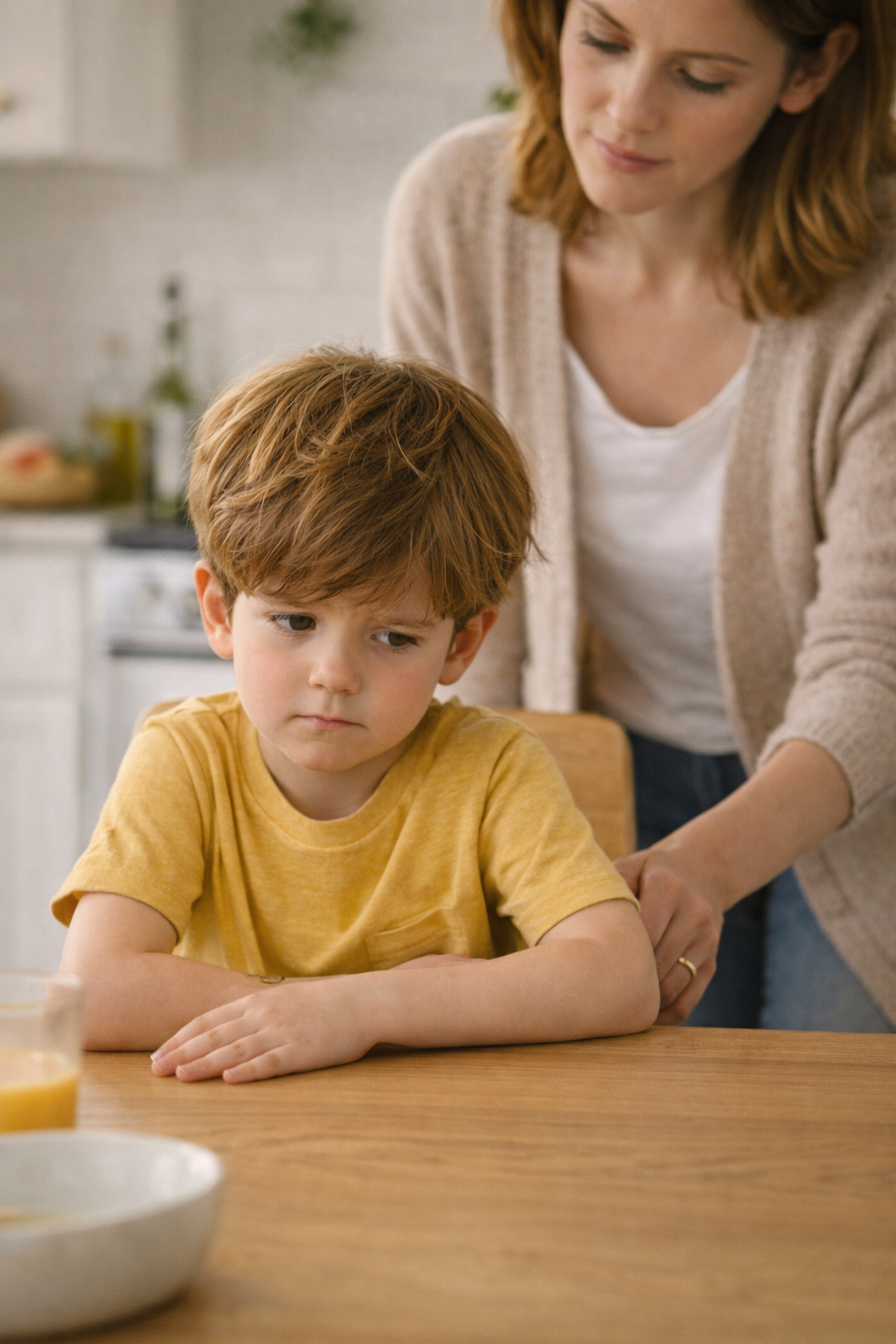 Adult helping a child sit at a kitchen table, with a bowl and cup in the foreground. -Satori Kid Club Blog