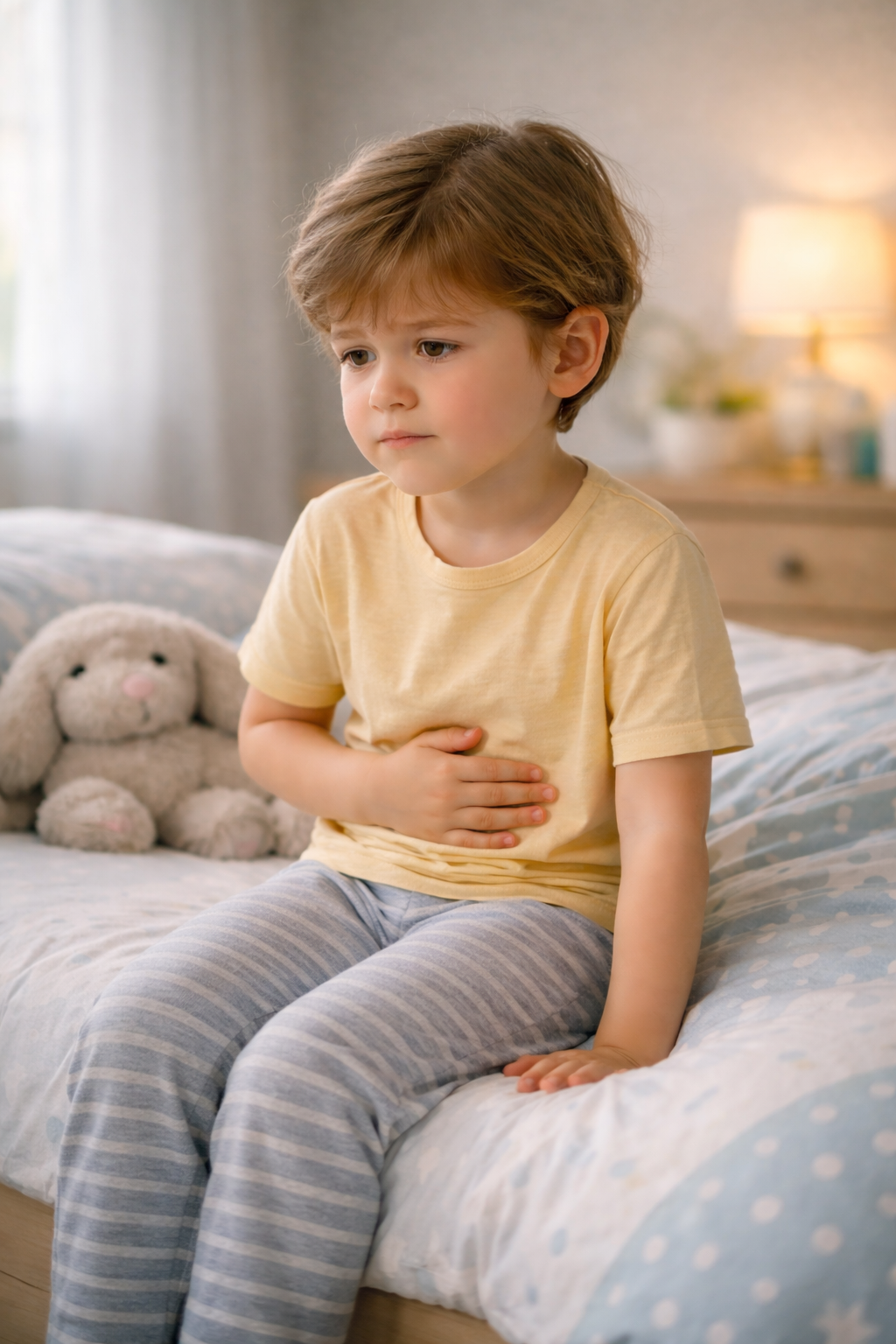 Child in pink shirt and star-patterned pants clutching her stomach while sitting on a bed, looking uncomfortable - Satori Kid Club