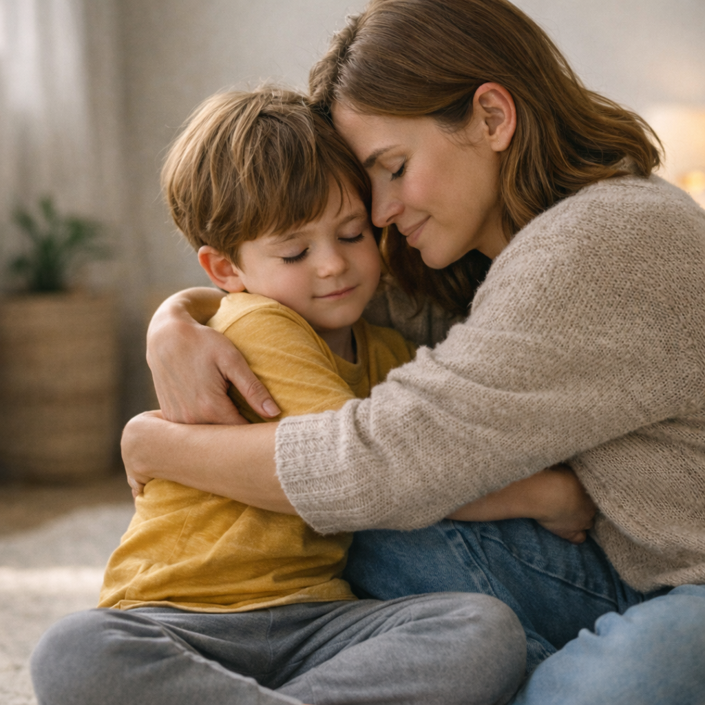 Woman hugging a child on a couch, both smiling softly in a cozy living room.- Satori Kid Club Blog