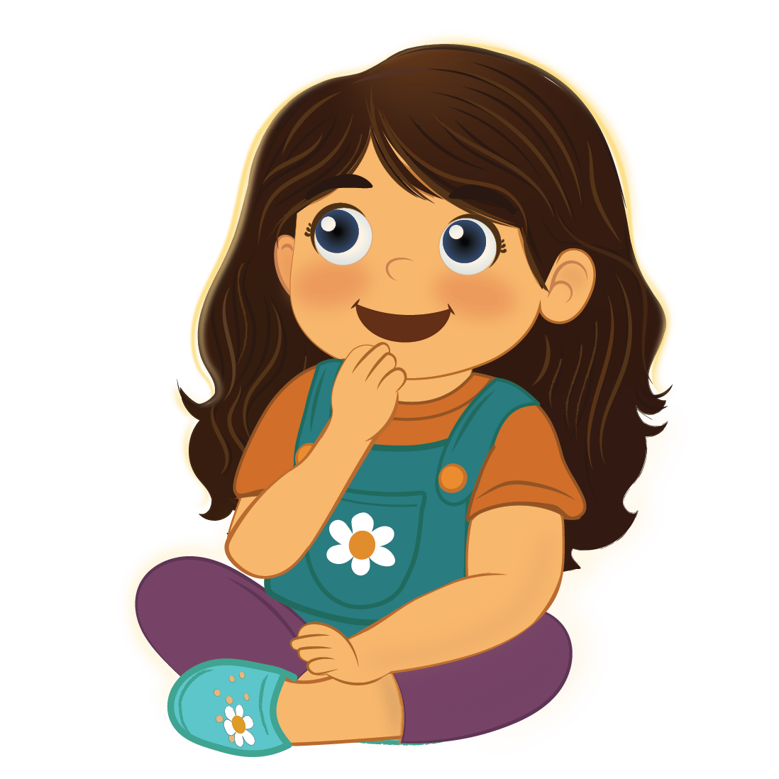 Satori Kid Club's Myla with brown hair and blue eyes, smiling, wearing overalls and purple tights, looking up. - Myla Learns Wings Over My Heart.