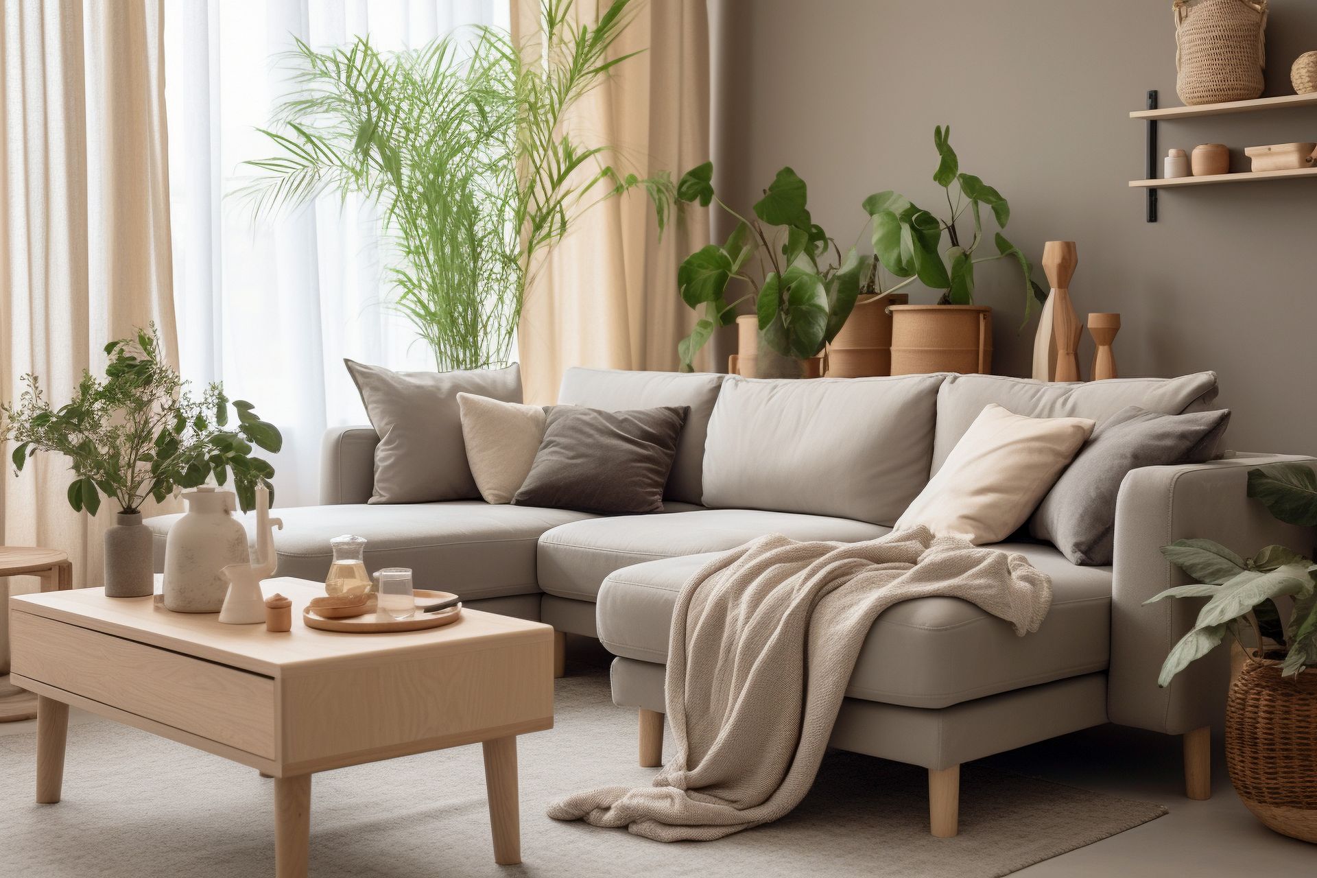 A living room with a couch , coffee table , and plants.