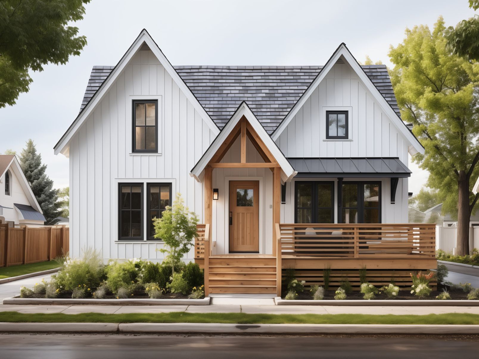 A white house with a black roof and a wooden porch.