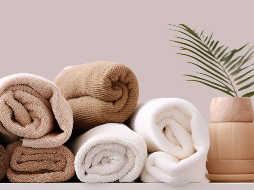 A bunch of towels are rolled up on a shelf next to a plant.