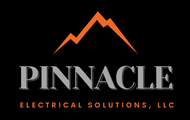 Logo for Pinnacle Electrical Solutions with orange mountain graphic above gray text on a black background.