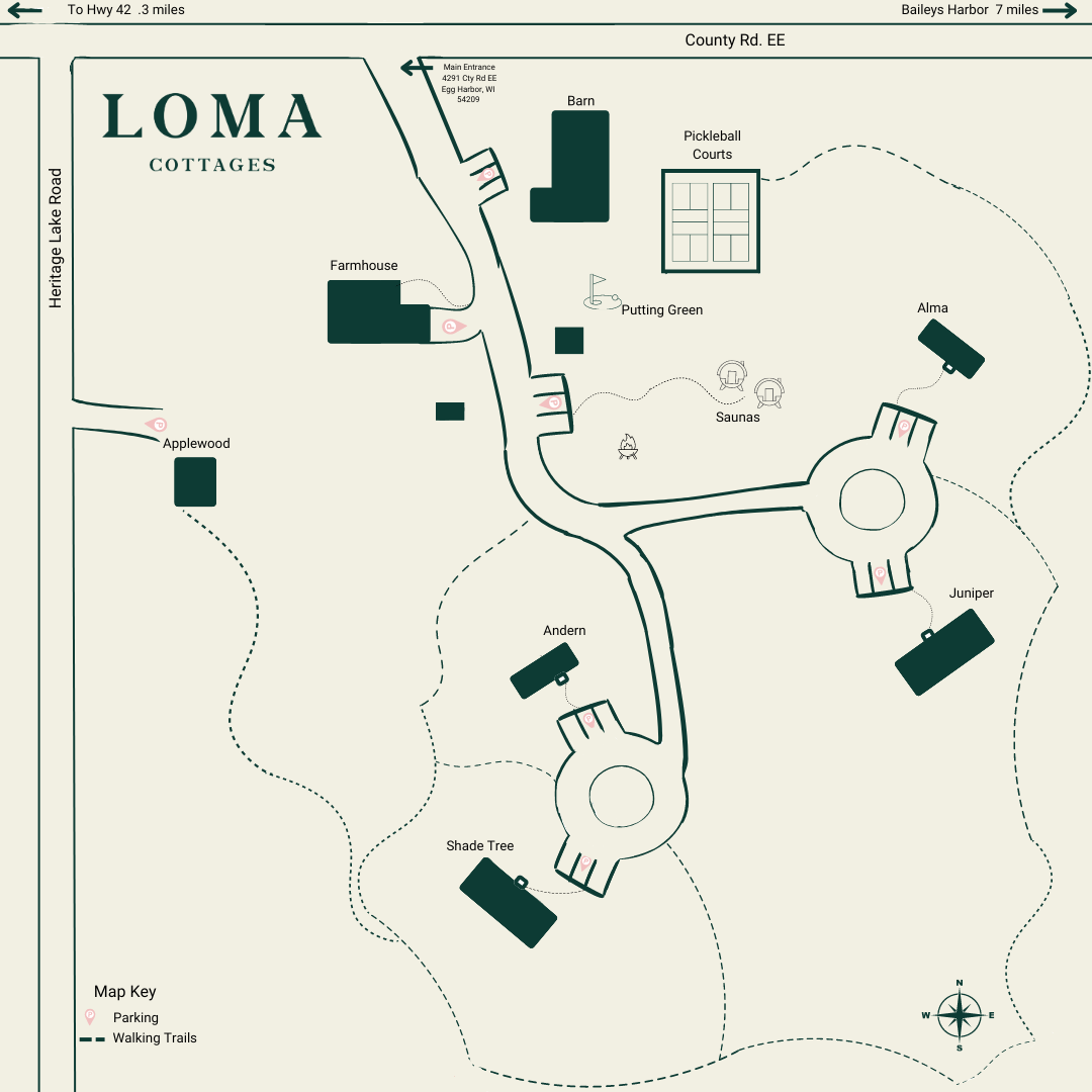 A map showing the location of the loma cottages