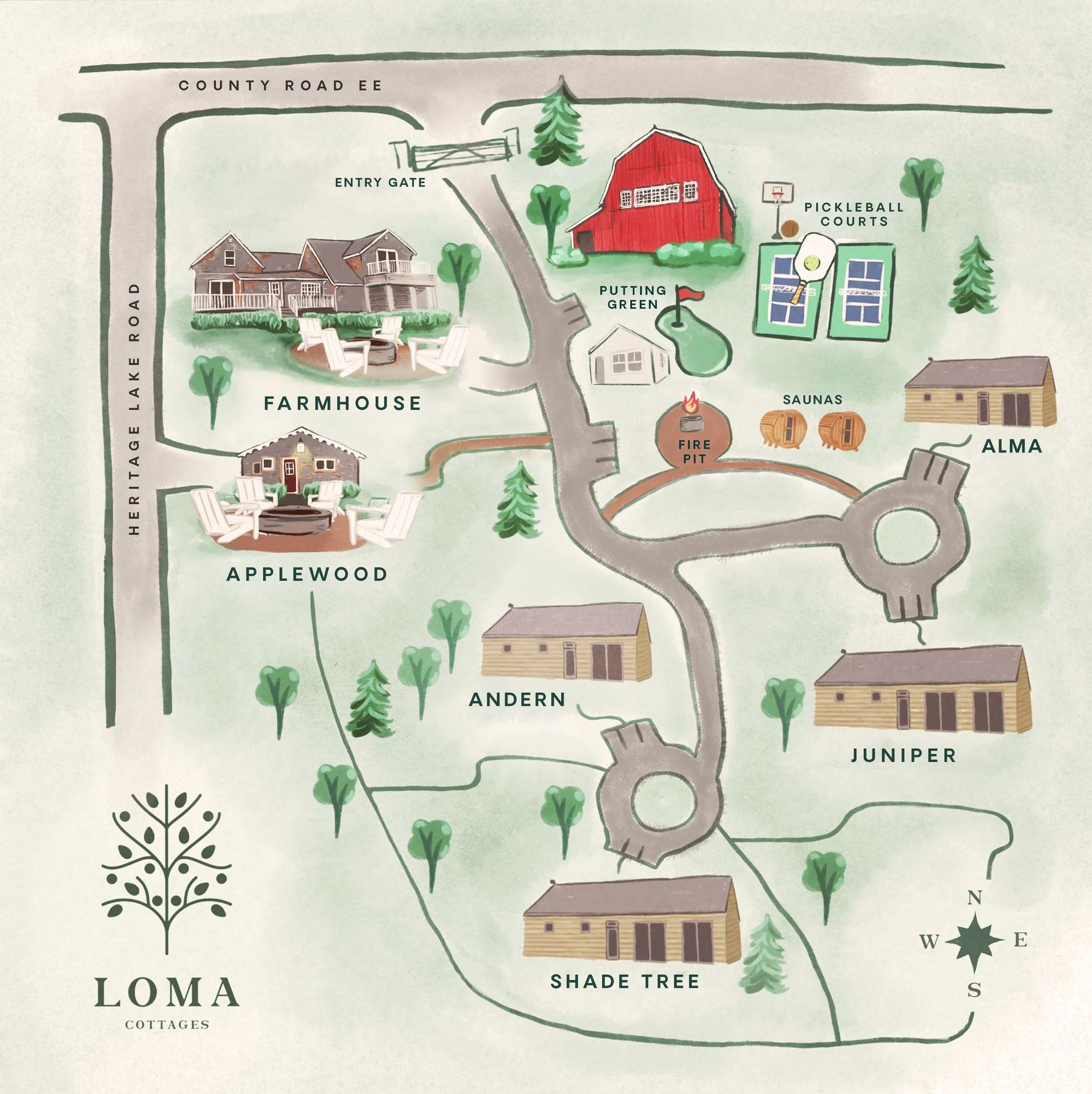 A map showing the location of the loma cottages