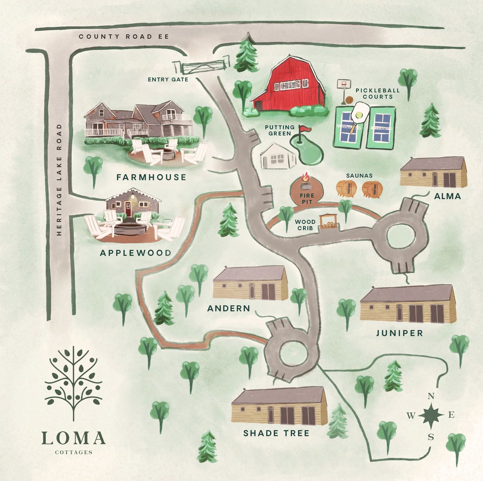 A map showing the location of the loma cottages